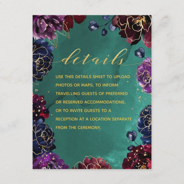 Teal Bordeaux Sapphire Jewel Tone Details & RSVP Enclosure Card (Front)