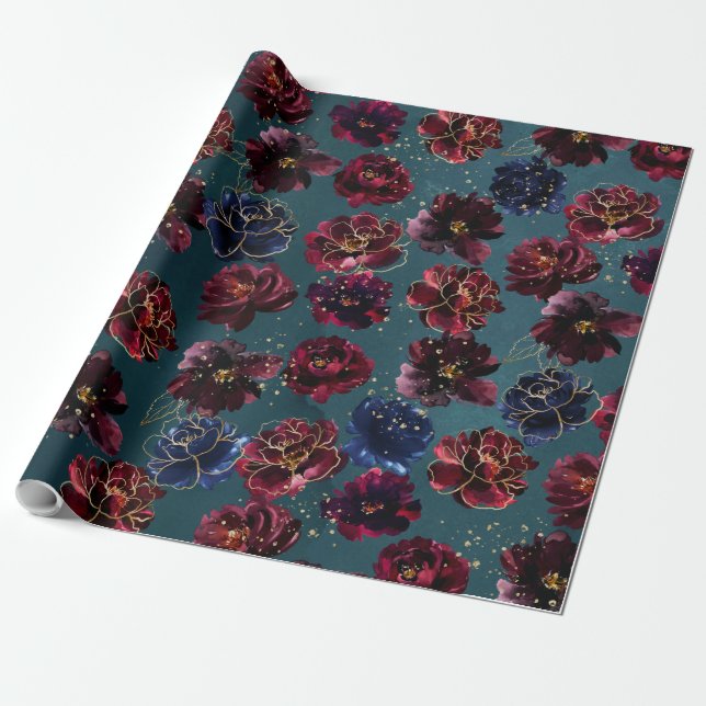 Teal Bordeaux Sapphire Jewel Tone Gold Wedding Wrapping Paper (Unrolled)