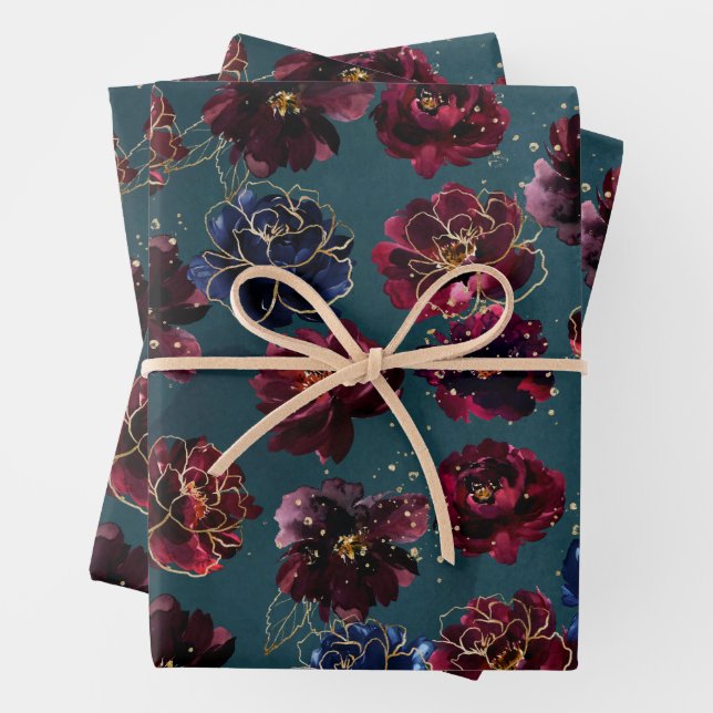 Teal Bordeaux Sapphire Jewel Tone Gold Wedding Wrapping Paper Sheet (In situ)