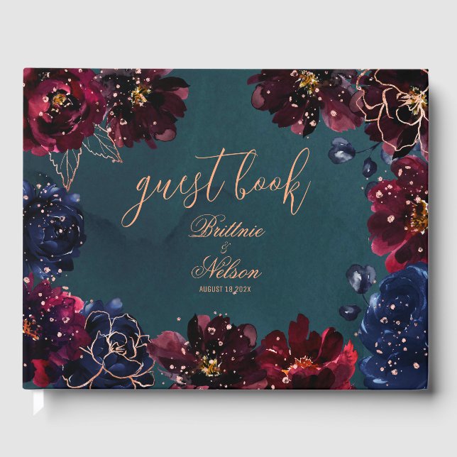 Teal Bordeaux Sapphire Jewel Tone Rose Gold Guest Book (Front)