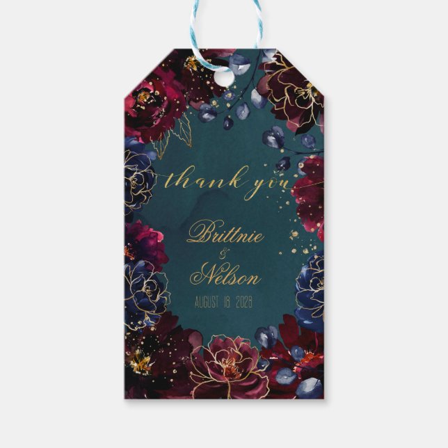 Teal Bordeaux Sapphire Jewel Tones Wedding Gift Tags (Front)