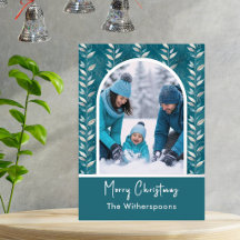 Teal Botanical Arch One Holiday Photo Silver Foil