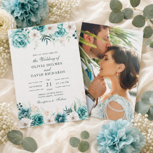 Teal Botanical Couple Photo Wedding Invitation