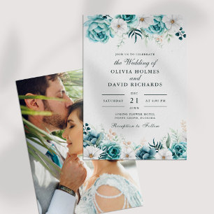 Teal Botanical Couple Photo Wedding Invitation