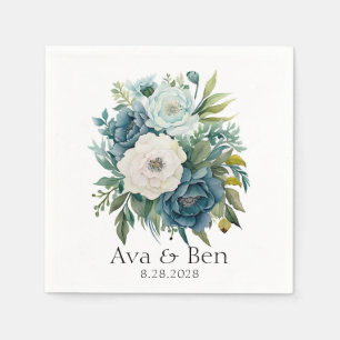 Teal Botanical Floral Peonies Wedding Napkin