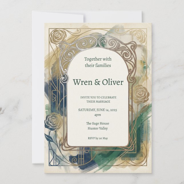 Teal Botanical Gold Art Nouveau Wedding Invitation (Front)