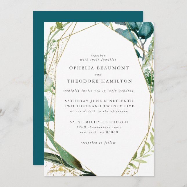 Teal Botanical Modern Elegant Wedding Invitation (Front/Back)