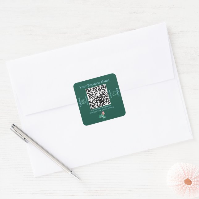 Teal Botanical Social Media QR Code Business   Square Sticker (Envelope)