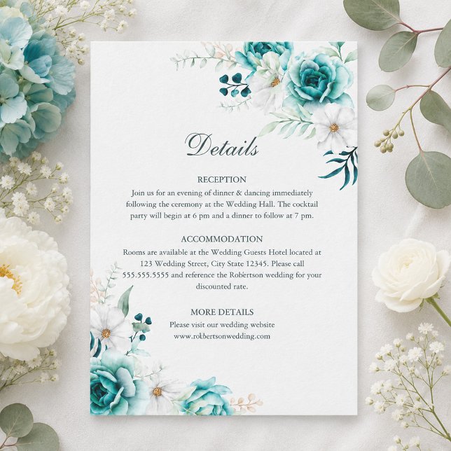 Teal Botanical Wedding Details Card (Teal Botanical Wedding Details Card)