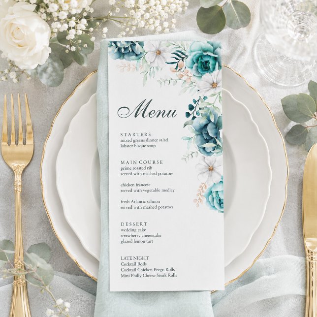 Teal Botanical Wedding Menu Card (Teal Botanical Wedding Menu Card)