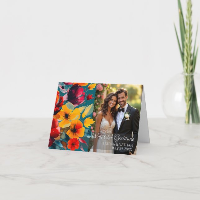 Teal Bouquet Folded Wedding Photo Thank You Card (Front)