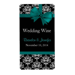 Teal Bow and Damask Wedding Mini Wine Labels