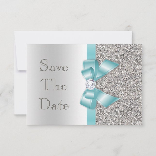 Teal Bow Diamonds Silver Save The Date Baby Shower (Front)
