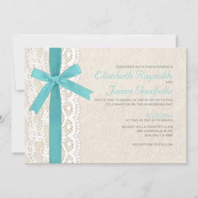 Teal Bow & Lace Wedding Invitations (Front)