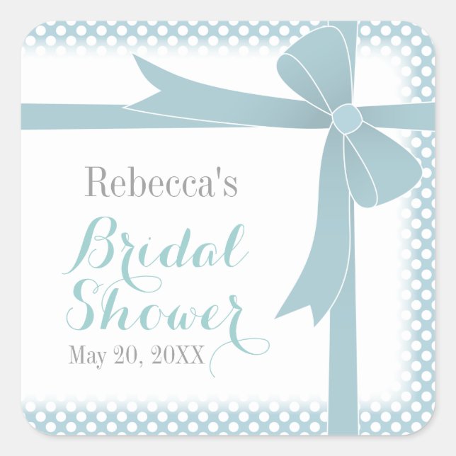 Teal Bow & White Dots Bridal Shower Square Sticker (Front)
