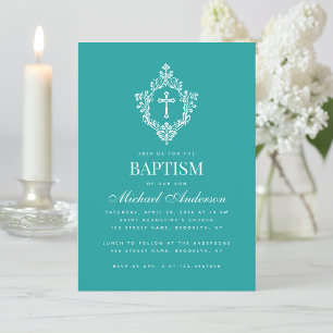 Teal Boy Baptism Cross in Crest Vintage Elegant  Invitation