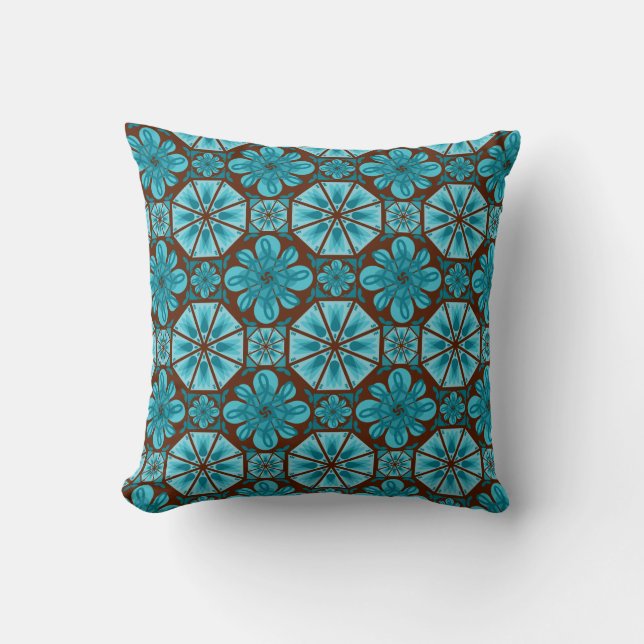 Teal Brown Abstract Tile Pattern Throw Pillow (Front)