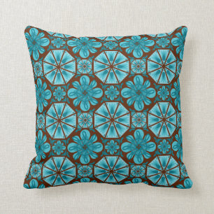 Teal Brown Abstract Tile Pattern Throw Pillow