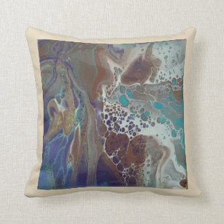 Teal, brown, beige, gold, print of fluid art. throw pillow