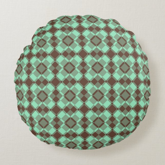 Teal Brown Checker Argyle Pattern Round Pillow (Front)