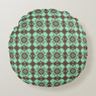 Teal Brown Chequered Argyle Pattern Round Pillow