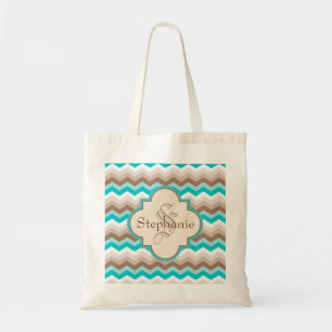 Teal Brown Chevron Modern Monogram Tote Bag