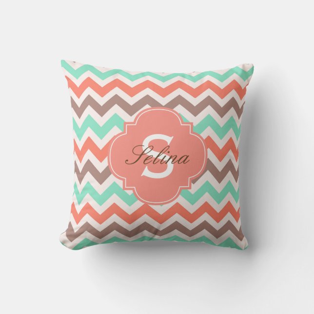 Teal,Brown,Coral Pink Zigzag Monogram Pattern Throw Pillow (Front)