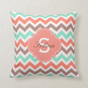 Teal,Brown,Coral Pink Zigzag Monogram Pattern Throw Pillow