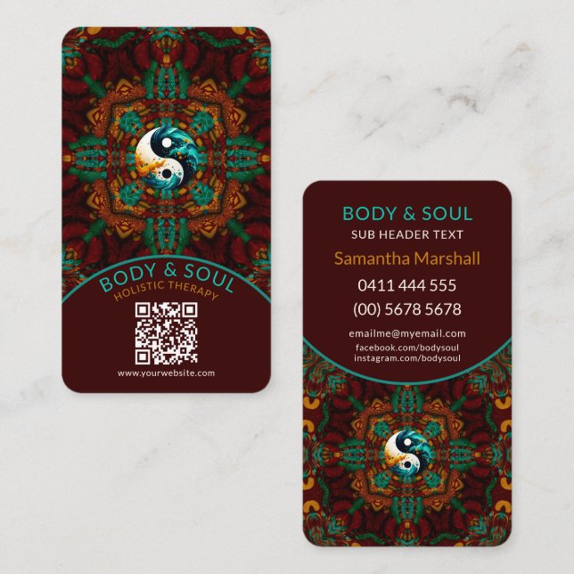 Teal Brown Earthy Eastern Yin Yang Holistic Calling Card (Front/Back)