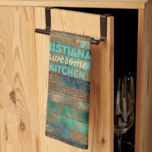 Teal brown faux copper patina inspired custom kitchen towel
