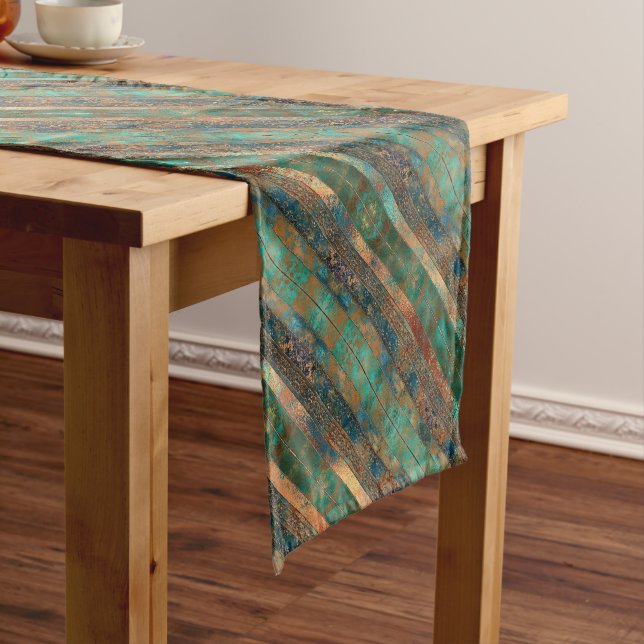Teal brown faux copper patina inspired Industrial Short Table Runner (In Situ)