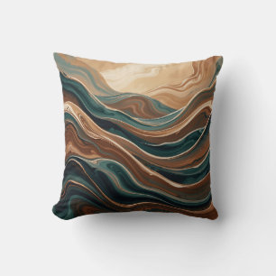 Teal Brown Fluid Wave Abstract Marble Throw Pillow