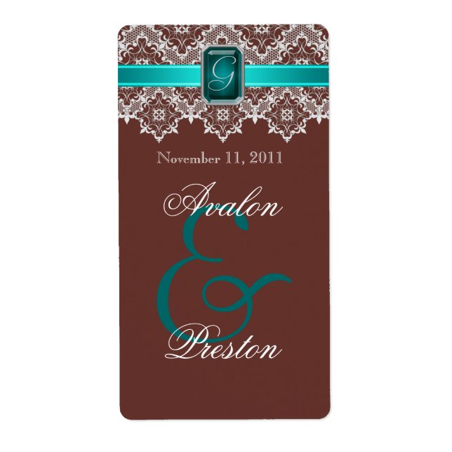 Teal & Brown Lace Jewelled Wedding Wine Label (Front)