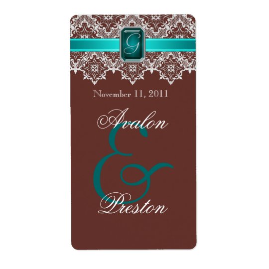 Teal & Brown Lace Jewelled Wedding Wine Label Shipping Label