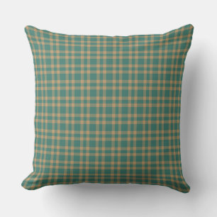 Teal Brown Plaid Pattern Throw Pillow