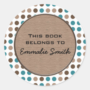 Teal Brown Polka Dot Book Name Sticker
