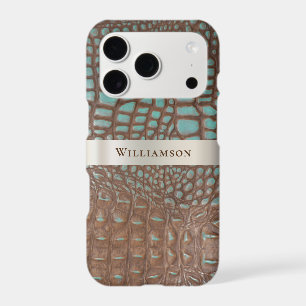 Teal Brown Reptile Digital Leather Titanium Metal