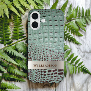 Teal Brown Reptile Digital Leather Titanium Metal iPhone 16 Case