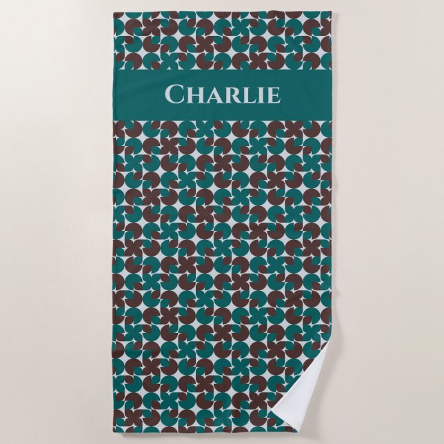 Teal & Brown Retro '70s Motifs Personalized Beach Towel (Front)