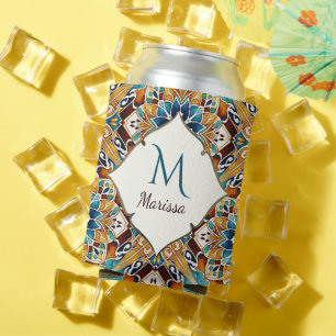 Teal brown talavera bridesmaids gifts monogrammed can cooler