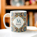 Teal brown talavera bridesmaids gifts monogrammed coffee mug<br><div class="desc">Teal Blue and brown colourful vintage Mexican talavera azulejo bridesmaids gifts personalized name monogrammed coffee mug gifts for her</div>