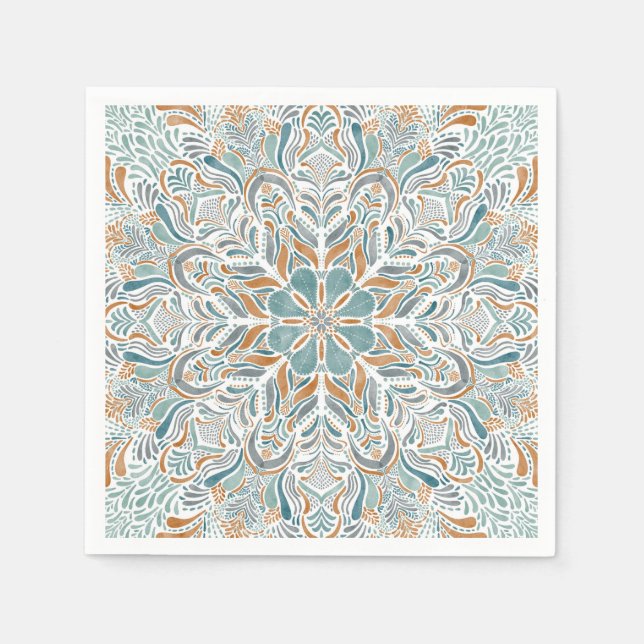 Teal Brown Watercolor Mandala Napkin (Front)
