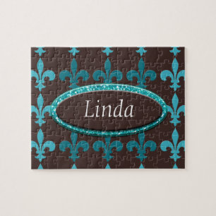 Teal & Brown Winter Fleur De Lis Monogram Jigsaw Puzzle