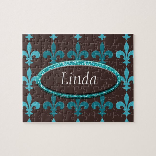 Teal & Brown Winter Fleur De Lis Monogram Jigsaw Puzzle (Horizontal)