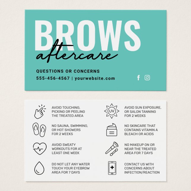 Teal  Brows Aftercare PMU Brow Instructions Card (Front & Back)