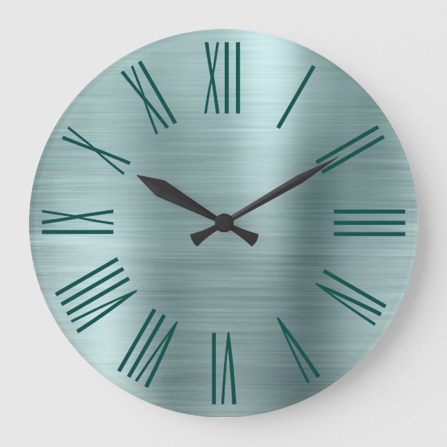 Teal Brushed Foil Dark Turquoise Roman Numerals Large Clock (Front)