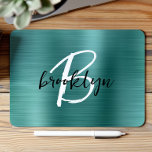 Teal Brushed Metal Black White Script Monogram  Mouse Pad<br><div class="desc">This elegant personalized mouse pad features a monogram and first name in modern black and white script on a trendy teal brushed metal background.</div>