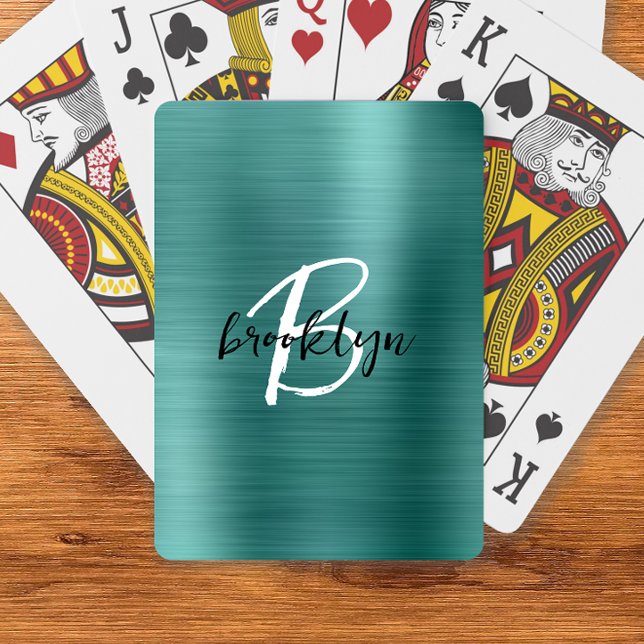 Teal Brushed Metal Black White Script Monogram  Playing Cards (Creator Uploaded)