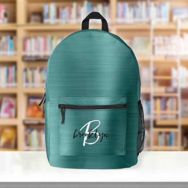Teal Brushed Metal Black White Script Monogram  Printed Backpack (Creator Uploaded)