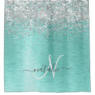 Teal Brushed Metal Silver Glitter Monogram Name